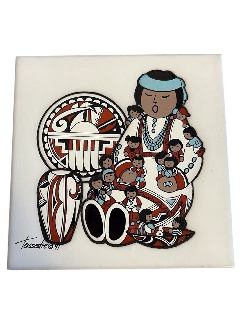 Vintage Storyteller Terracotta Trivet Cleo Teissedre 1991 White Multi
